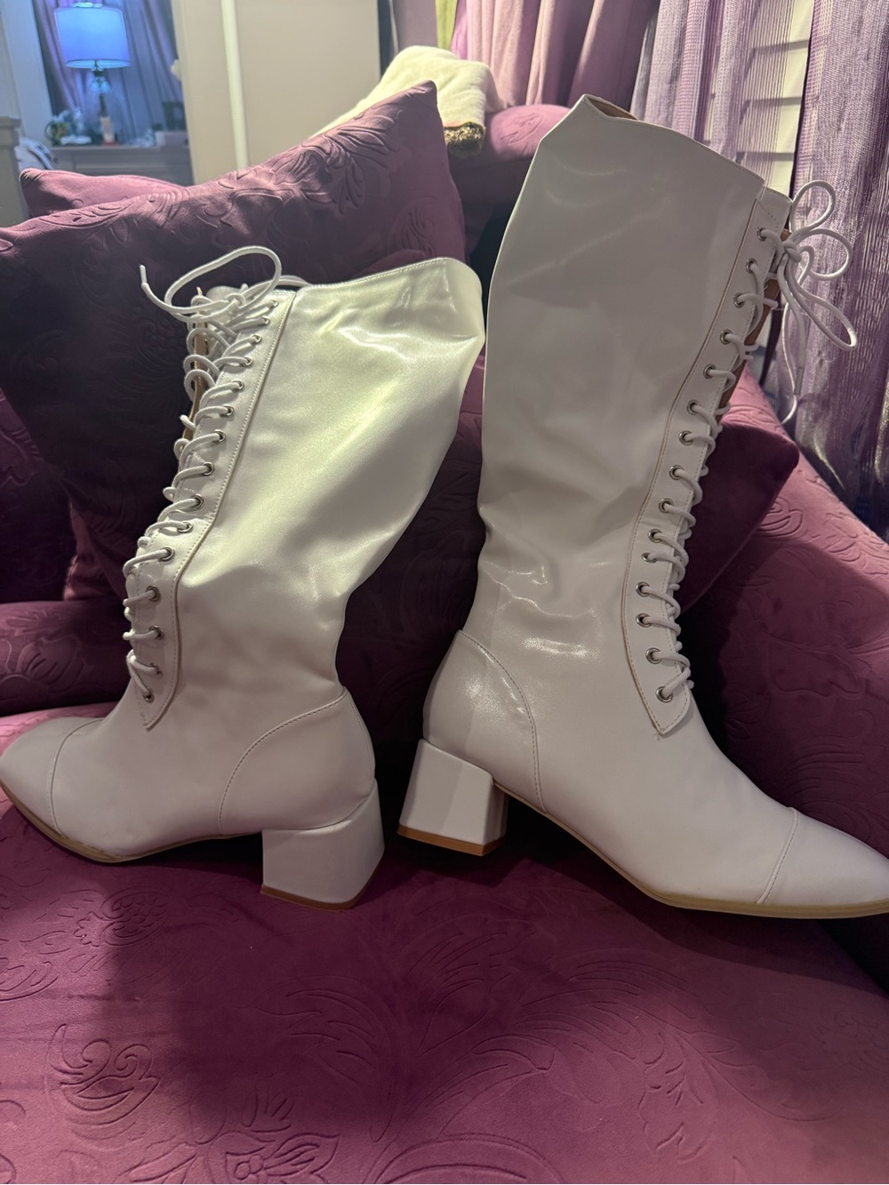 White Lace-Up Mid-Calf Block Heel Women's Boots